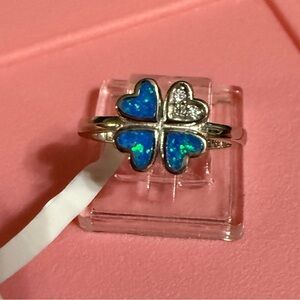 New Sterling Opal & Moissanite 4 Leaf Clover Heart Ring Sz 5